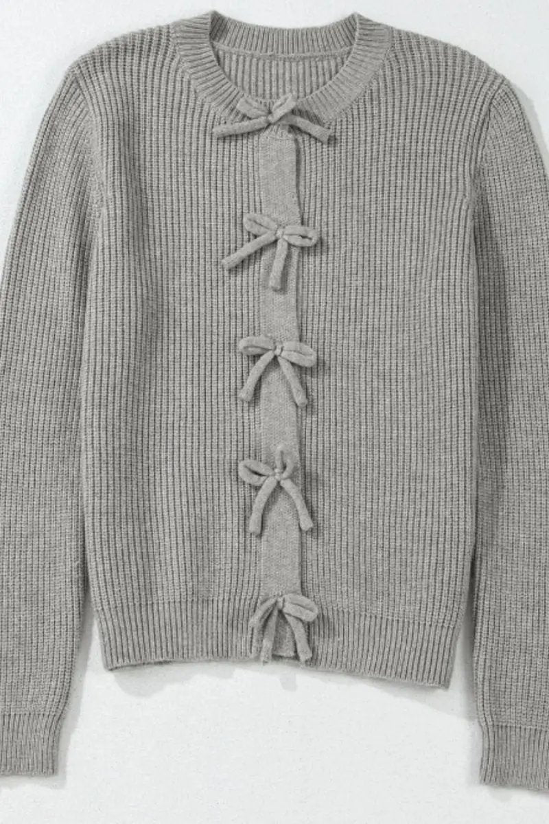 Bow Round Neck Long Sleeve Cardigan - Love Salve